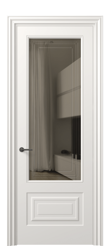 Межкомнатная дверь Маскот 8442 Матовый пудровый белый Прозрачное бронзовое стекло с гравировкой "Грани", триплекс Цена 505189 ₸ | Volhovec