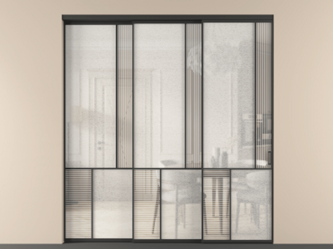 Перегородка Mosaic внутри проёма 3 створки с синхронным механизмом АЛПР 041.21 Алюминий Черный Рифлёное стекло "Дюна", триплекс, 6 мм + Фактурное стекло "Лёд", триплекс. Скрытый короб ЧЕР Цена 2752280 ₸ . Фабрика дверей Волховец 8 (800) 551 43 19 Перегородка Mosaic внутри проёма 3 створки с синхронным механизмом АЛПР 041.21 Алюминий Черный Рифлёное стекло "Дюна", триплекс, 6 мм + Фактурное стекло "Лёд", триплекс Цена 2752280 ₸ | Volhovec