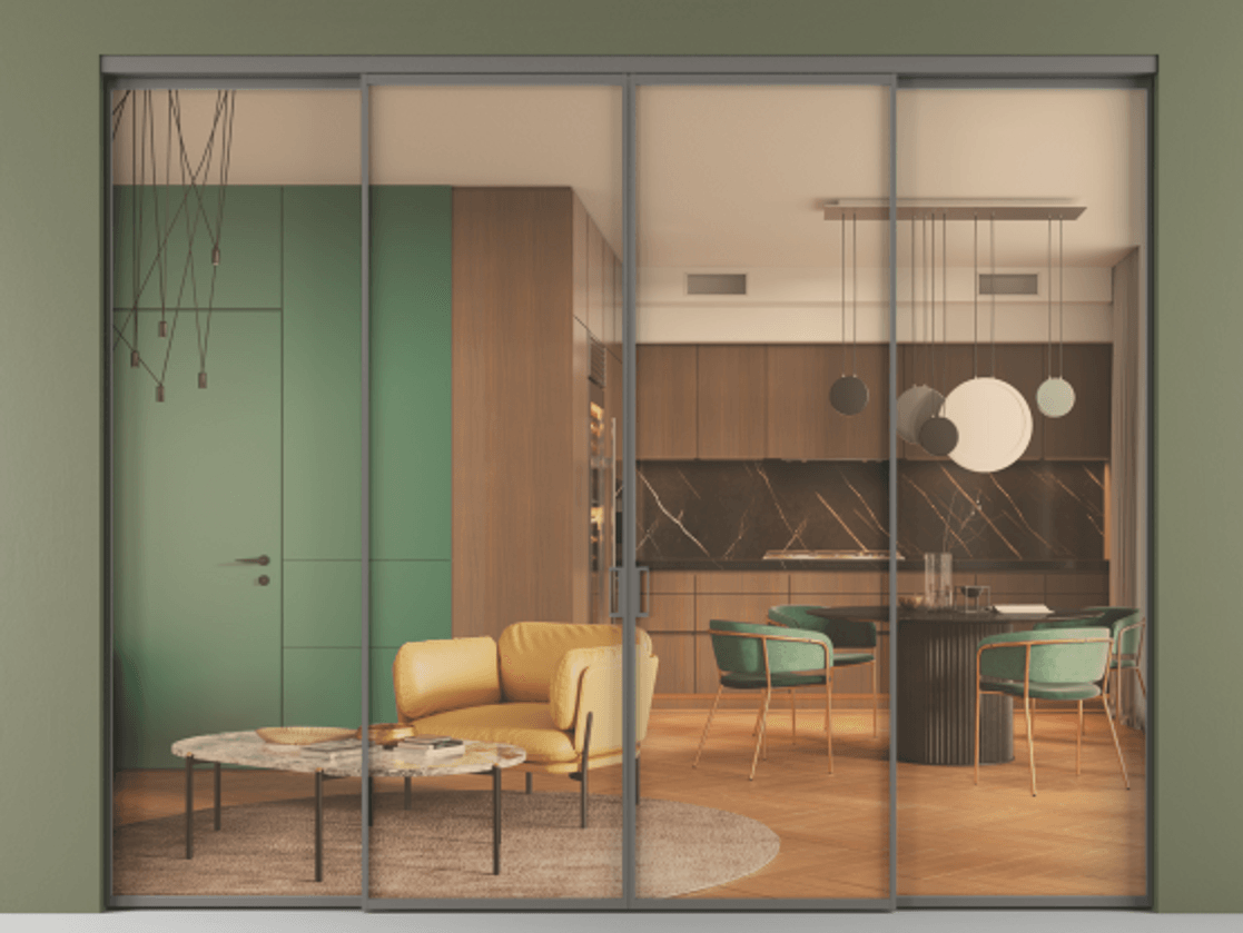 Перегородка Formato внутри проёма 4 створки АЛПР 040.01 Алюминий классический серый Прозрачное оранжевое стекло, триплекс Цена 1995800 ₸  | Volhovec