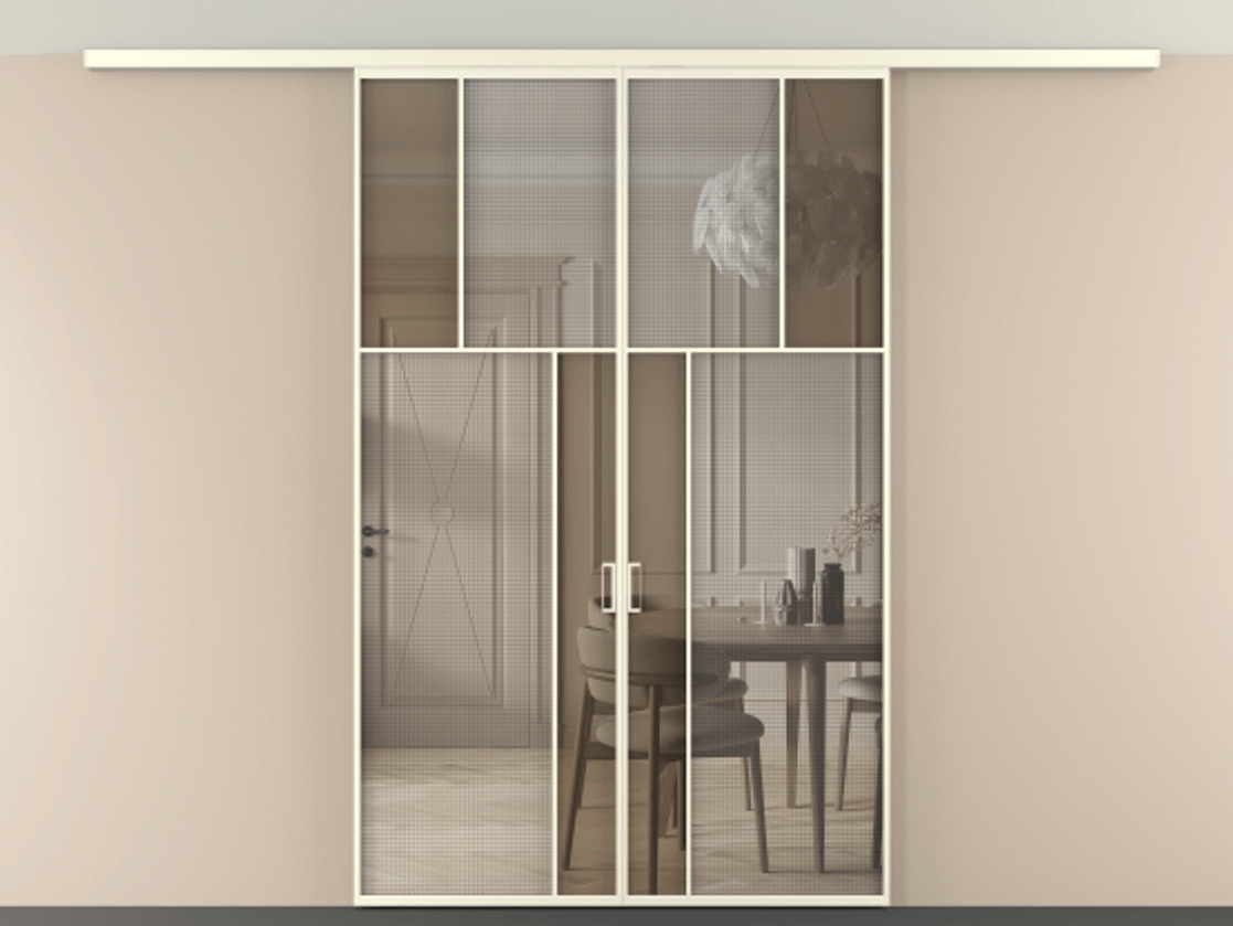 Перегородка Mosaic вдоль стены на потолок двустворчатая АЛПР 041.22 Алюминий молочно-белый Декоративное стекло с сеткой "Mesh silver", триплекс, 6 мм + Прозрачное бронзовое стекло, триплекс, 6 мм. Цена 1621901 ₸ . Фабрика дверей Волховец 8 (800) 551 43 19 Перегородка Mosaic вдоль стены на потолок двустворчатая АЛПР 041.22 Алюминий молочно-белый Декоративное стекло с сеткой "Mesh silver", триплекс, 6 мм + Прозрачное бронзовое стекло, триплекс, 6 мм Цена 1621901 ₸ | Volhovec