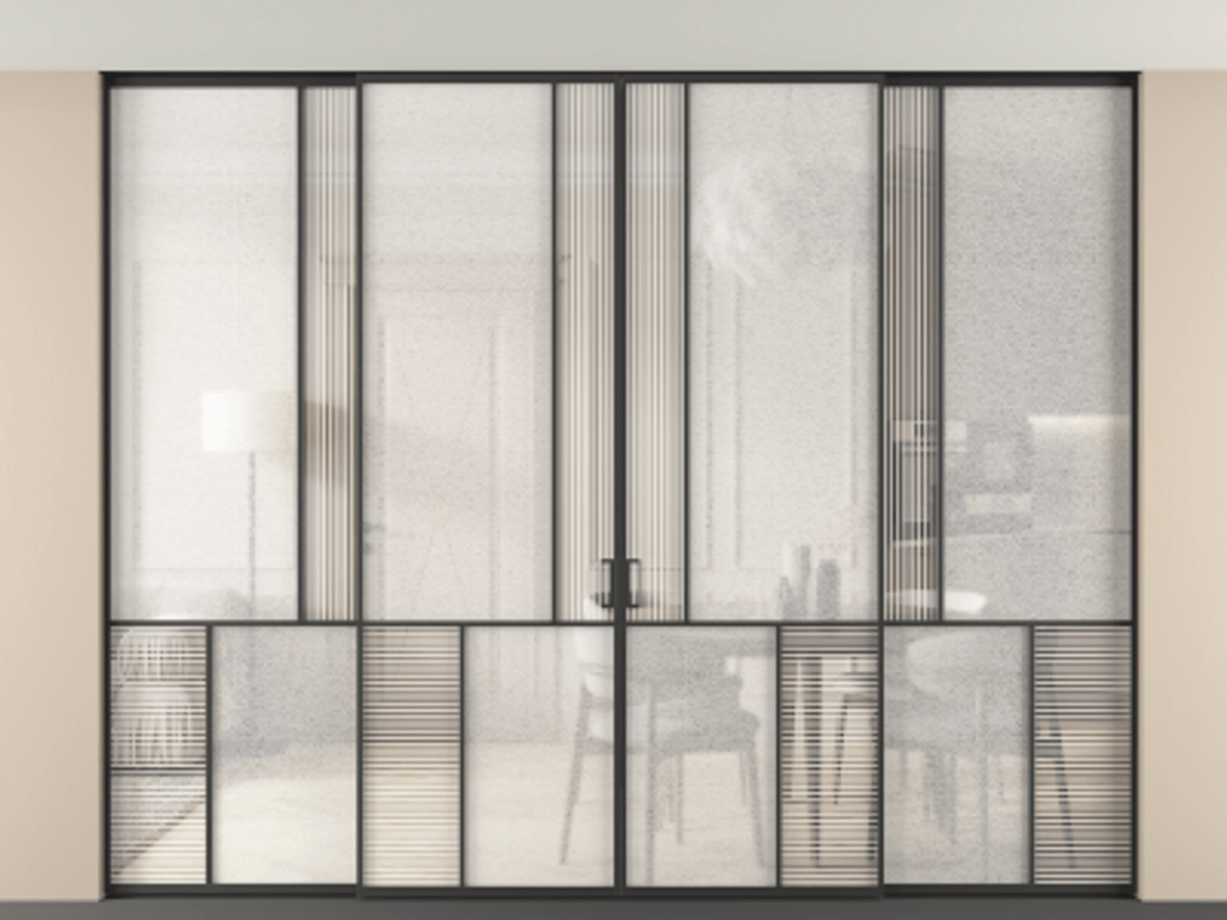 Перегородка Mosaic внутри проёма скрытое крепление в потолок 4 створки АЛПР 041.20 Алюминий Черный Рифлёное стекло "Дюна", триплекс, 6 мм + Фактурное стекло "Лёд", триплекс. Скрытый короб ЧЕР Цена 3782310 ₸ . Фабрика дверей Волховец 8 (800) 551 43 19 Перегородка Mosaic внутри проёма скрытое крепление в потолок 4 створки АЛПР 041.20 Алюминий Черный Рифлёное стекло "Дюна", триплекс, 6 мм + Фактурное стекло "Лёд", триплекс Цена 3782310 ₸ | Volhovec