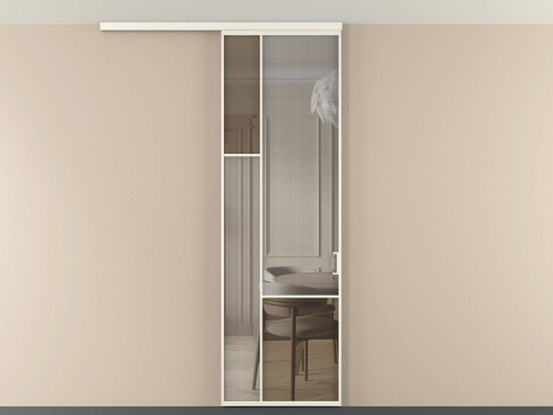 Перегородка Mosaic вдоль стены на потолок 1 створка АЛПР 041.13 Алюминий жемчужный Декоративное стекло с сеткой "Mesh silver", триплекс, 6 мм + Прозрачное бронзовое стекло, триплекс Цена 880090 ₸ | Volhovec