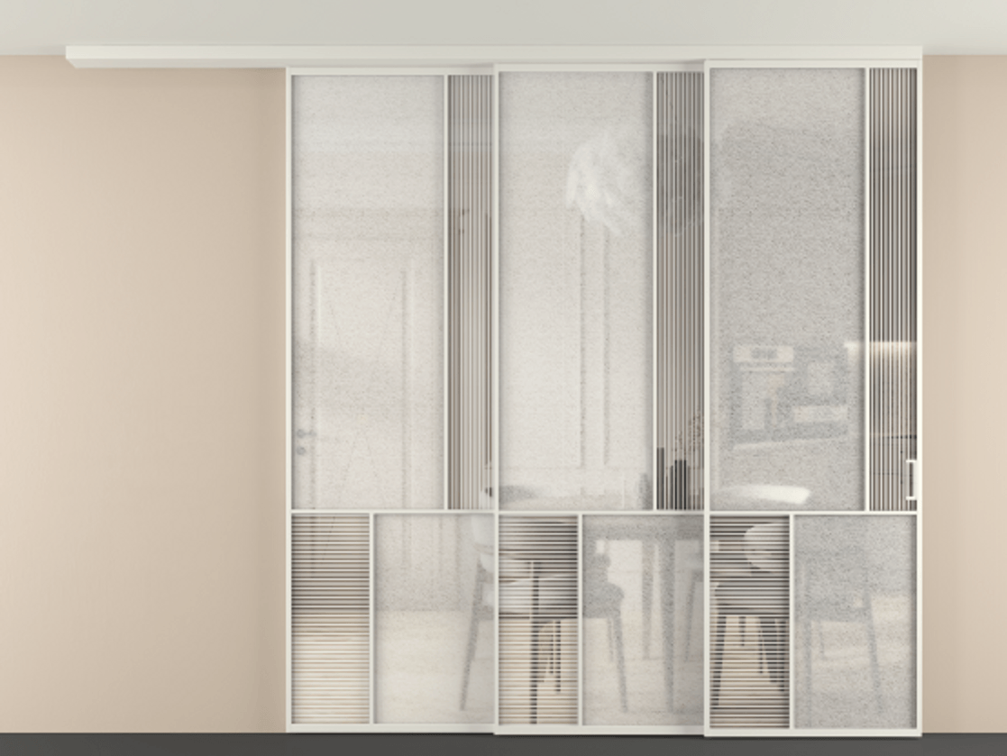 Перегородка Мозаик вдоль стены на потолок 3 створки с синхронным механизмом АЛПР 041.21 Алюминий Белый Рифлёное стекло "Дюна", триплекс, 6 мм + Фактурное стекло "Лёд", триплекс. Скрытый короб БЕЛ Цена 3770021 ₸ . Фабрика дверей Волховец 8 (800) 551 43 19 Перегородка Мозаик вдоль стены на потолок 3 створки с синхронным механизмом АЛПР 041.21 Алюминий Белый Рифлёное стекло "Дюна", триплекс, 6 мм + Фактурное стекло "Лёд", триплекс Цена 3770021 ₸ | Volhovec