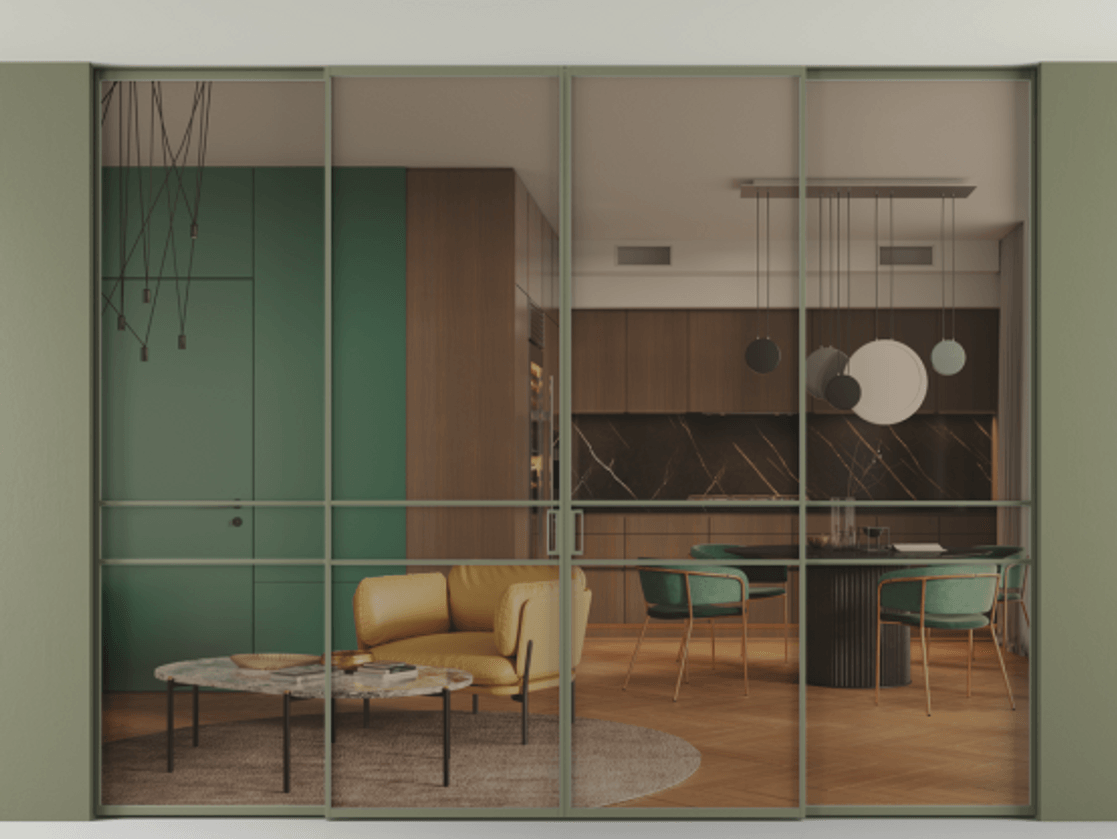 Перегородка Formato внутри проёма четырёхстворчатая со скрытым креплением в потолок АЛПР 040.02 Алюминий оливковый тёмный Прозрачное бронзовое стекло, триплекс, 6 мм. Цена 3077070 ₸ 1. Полотно 4 шт. (800/2100 мм)
2. Комплект установки раздвижной системы
3. Базовый комплект фурнитуры
4.Ручка RONDO. Фабрика дверей Волховец 8 (800) 551 43 19 Перегородка Formato внутри проёма четырёхстворчатая со скрытым креплением в потолок АЛПР 040.02 Алюминий оливковый тёмный Прозрачное бронзовое стекло, триплекс, 6 мм Цена 3077070 ₸ | Volhovec