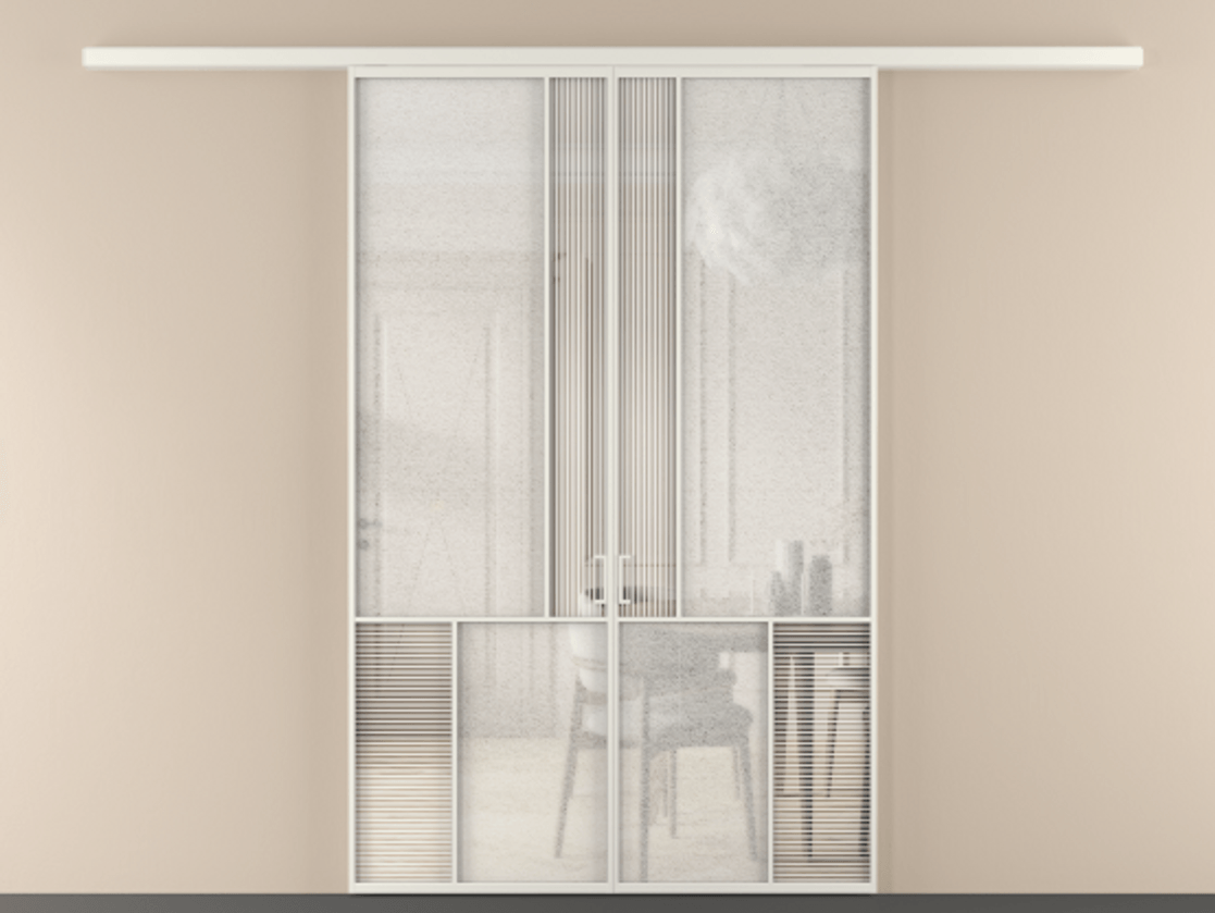 Перегородка Мозаик вдоль стены 2 створки АЛПР 041.20 Алюминий Белый Рифлёное стекло "Дюна", триплекс, 6 мм + Фактурное стекло "Лёд", триплекс Цена 2041805 ₸ | Volhovec