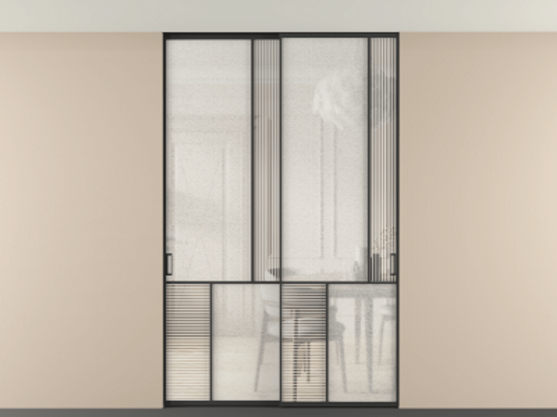 Перегородка Mosaic внутри проёма скрытое крепление в потолок 2 створки АЛПР 041.21 Алюминий Черный Рифлёное стекло "Дюна", триплекс, 6 мм + Фактурное стекло "Лёд", триплекс Цена 2065560 ₸ | Volhovec