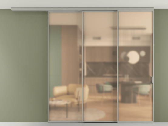 Алюминевая перегородка АЛПР 040.01_АНСР_САТ ОРАНЖ_new. Цвет Алюминий нейтральный серый. Материал Алюминий в эмали. Коллекция Перегородка Formato вдоль стены на потолок 3 створки с синхронным механизмом. Картинка.