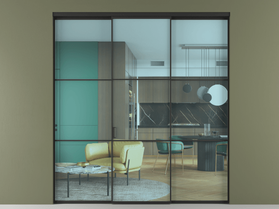 Алюминевая перегородка АЛПР 040.03_ЧРН_ПРОЗ ГОЛ_new. Цвет Алюминий Черный. Материал Алюминий. Коллекция Перегородка Formato внутри проёма 3 створки. Картинка.