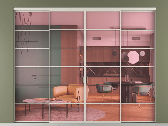 Алюминевая перегородка АЛПР 040.04_АОС_ПРОЗ РОЗ_new. Цвет Алюминий облачно-серый. Материал Алюминий в эмали. Коллекция Перегородка Formato внутри проёма 4 створки. Картинка.