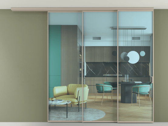 Алюминевая перегородка АЛПР 040.01_АБСК_ПРОЗ ГОЛ_new. Цвет Алюминий бисквитный. Материал Алюминий в эмали. Коллекция Перегородка Формато вдоль стены на потолок 3 створки с синхронным механизмом. Картинка.