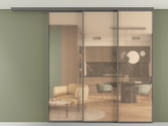 Алюминевая перегородка АЛПР 040.01_АКЛС_САТ ОРАНЖ_new. Цвет Алюминий классический серый. Материал Алюминий в эмали. Коллекция Перегородка Formato вдоль стены на потолок 3 створки с синхронным механизмом. Картинка.