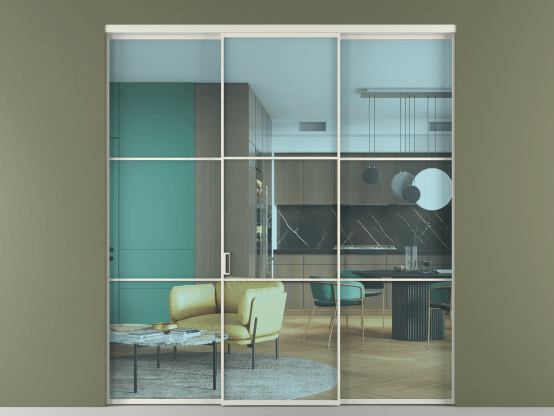 Алюминевая перегородка АЛПР 040.03_БЕЛ_ПРОЗ ГОЛ_new. Цвет Алюминий Белый. Материал Алюминий. Коллекция Перегородка Formato внутри проёма 3 створки. Картинка.