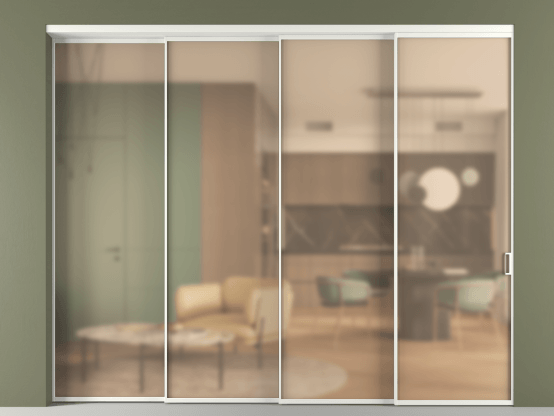 Алюминевая перегородка vn4_01_ Алюминий светло-серый Сатинированное оранжевое стекло, триплекс, 6мм. Цвет Алюминий светло-серый. Материал Алюминий в эмали. Коллекция Перегородка Формато внутри проёма 4 створки с синхронным механизмом. Картинка.