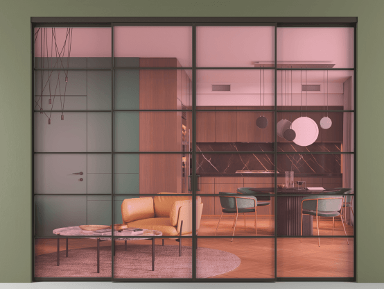 Алюминевая перегородка АЛПР 040.04_ААН_ПРОЗ РОЗ_new. Цвет Алюминий антрацит. Материал Алюминий в эмали. Коллекция Перегородка Formato внутри проёма 4 створки. Картинка.